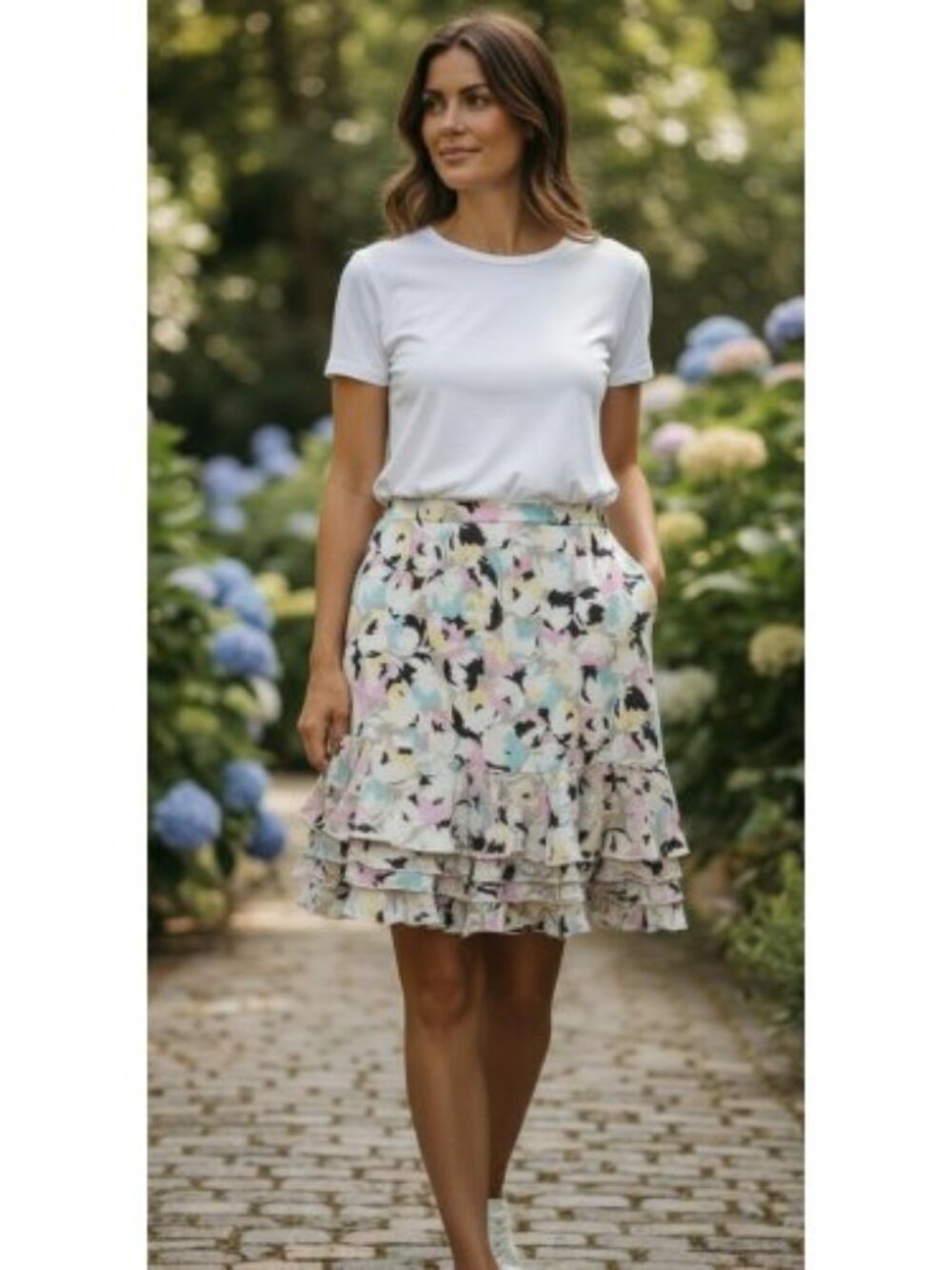 PATRICK CHRISTOPHER Floral Print Flirty Tiered Hem Silk Skirt Ladies Size 14
